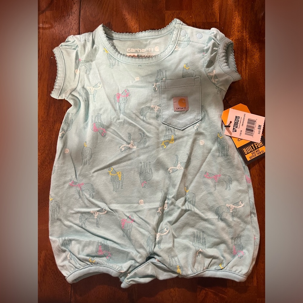 Carhartt short sleeve horse print romper, blue, size 6 months, NWT